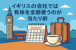イギリスの有給休暇文化を象徴するイラスト。ビッグベンや赤いバス、スーツケース、カレンダー、紅茶が描かれ、休暇を楽しむ英国の働き方を表現している。