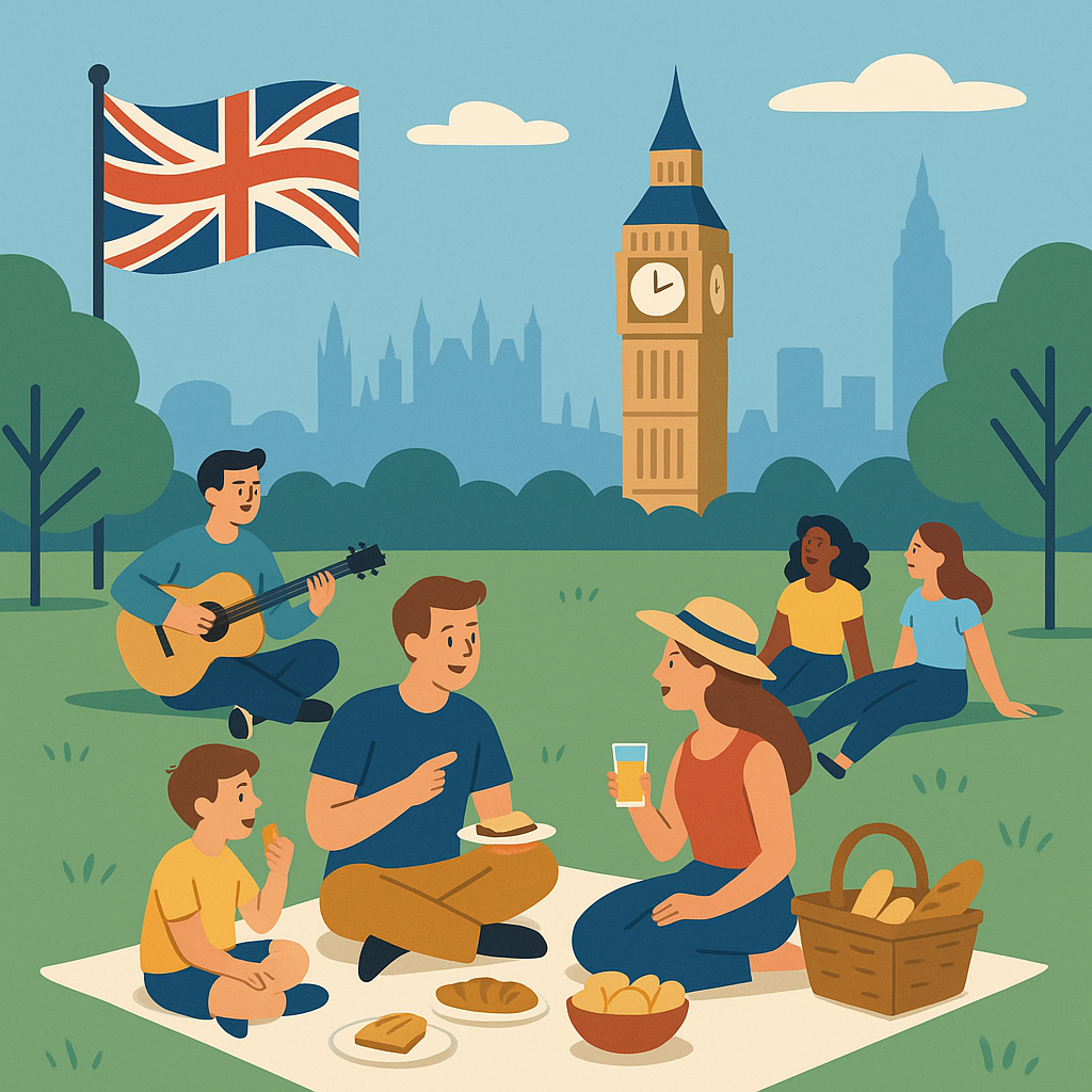 イギリスの祝日(Bank Holiday)を象徴するイラスト。ロンドンの公園で家族がピクニックを楽しみ、背景にはビッグ・ベンとユニオンジャックが描かれている。