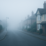 イギリス・バスヒーの霧に包まれた英国風住宅街の朝の風景。静寂の中に事件の舞台となった郊外の雰囲気を象徴する。
