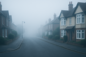 イギリス・バスヒーの霧に包まれた英国風住宅街の朝の風景。静寂の中に事件の舞台となった郊外の雰囲気を象徴する。