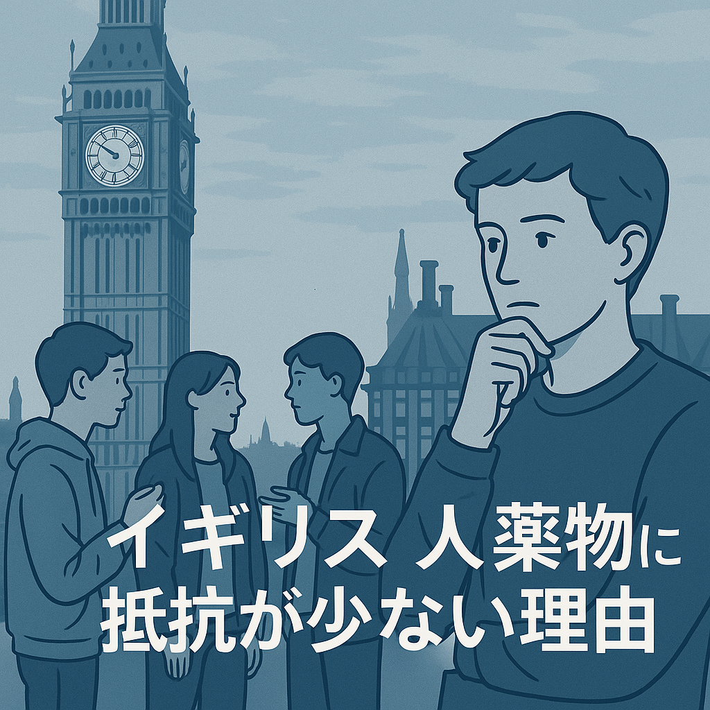 ロンドンのビッグ・ベンと赤い電話ボックスを背景に、若者たちが薬物問題について語り合う様子を描いたイラスト。イギリス社会における薬物への抵抗感の少なさを象徴的に表現。