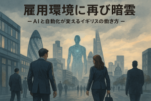 ロンドンの金融街を背景に、AIと自動化の波で人員削減が進むイギリスの雇用環境を象徴するビジネスパーソンのイラスト。