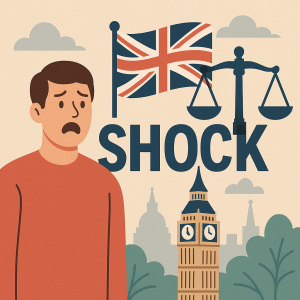 イギリス社会で報じられた極右テロ計画の報道に衝撃を受ける市民と正義の象徴を描いたイラスト