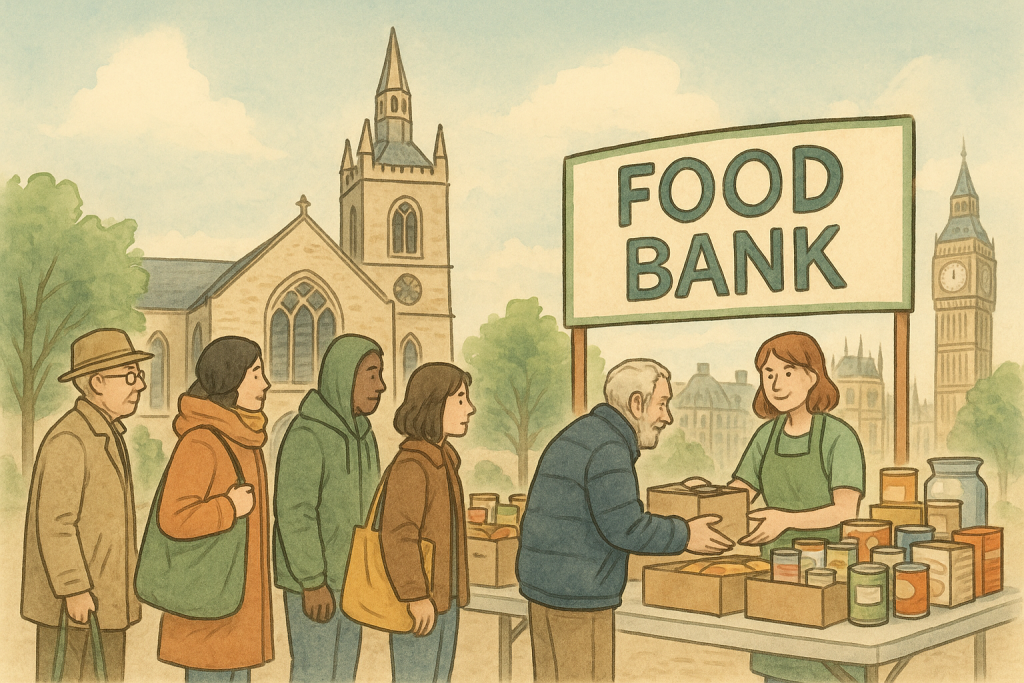 ロンドンの教会でフードバンクの食料支援を受ける人々と、ボランティアが協力する様子を穏やかな色調で描いたイラスト。リーマンショック後に全国へ広がったイギリスの地域支援活動を象徴している。