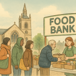 ロンドンの教会でフードバンクの食料支援を受ける人々と、ボランティアが協力する様子を穏やかな色調で描いたイラスト。リーマンショック後に全国へ広がったイギリスの地域支援活動を象徴している。