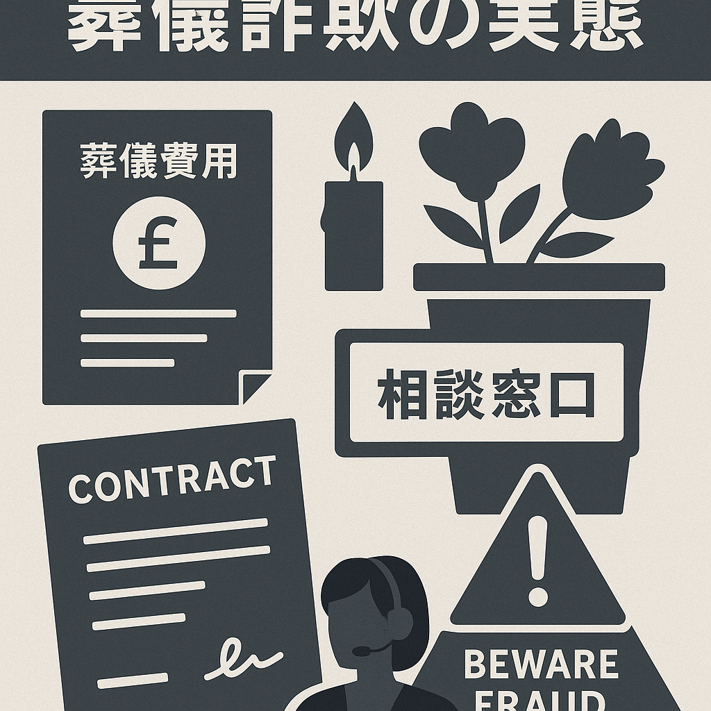 イギリスの葬儀詐欺の実態を解説するイラスト｜葬儀費用や契約書、Beware Fraudの注意喚起デザイン