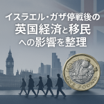 イスラエル・ガザ停戦後に英国経済と移民政策へ及ぶ影響を表すアイキャッチ画像。ロンドンの国会議事堂と金融街を背景に、ポンド硬貨と歩く人々のシルエットが描かれている。