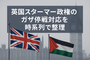 英国スターマー政権によるガザ停戦対応を時系列で整理したニュース解説のアイキャッチ画像。ロンドンの国会議事堂を背景に、イギリスとパレスチナの国旗が並ぶ。