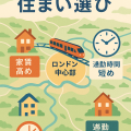 イギリスの住まい選びマップ｜ロンドン中心部と郊外の家賃や通勤時間を比較したイラスト