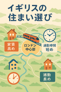 イギリスの住まい選びマップ|ロンドン中心部と郊外の家賃や通勤時間を比較したイラスト