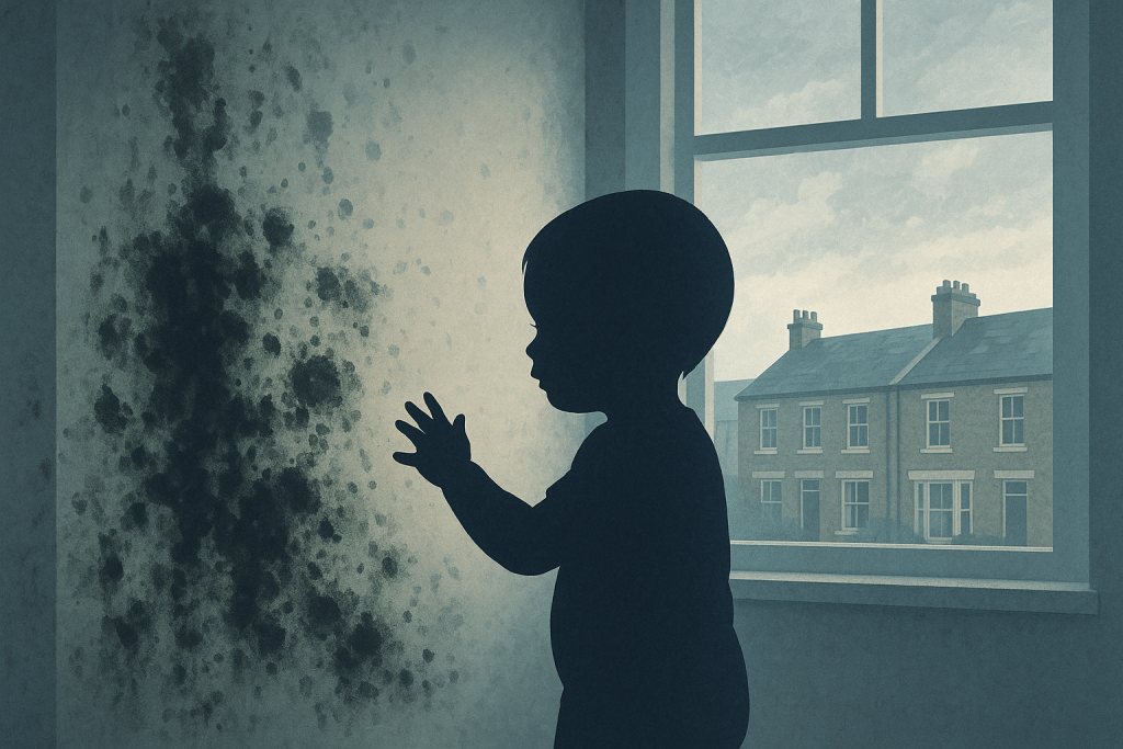 イギリスの住宅内で、黒カビの生えた壁に手を伸ばす幼児のシルエット。窓の外には曇り空の下のテラスハウスが見える。