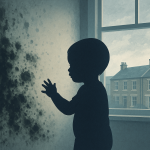 イギリスの住宅内で、黒カビの生えた壁に手を伸ばす幼児のシルエット。窓の外には曇り空の下のテラスハウスが見える。