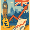 イギリスの物価上昇と生活コスト危機を象徴するイラスト。ビッグベンと上昇グラフ、ポンド記号を組み合わせたデザイン。
