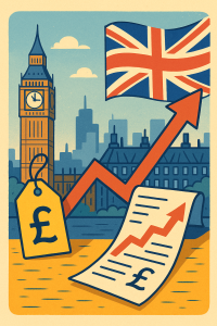 イギリスの物価上昇と生活コスト危機を象徴するイラスト。ビッグベンと上昇グラフ、ポンド記号を組み合わせたデザイン。