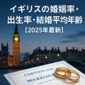 ロンドンの夜景と結婚指輪、婚姻証明書を背景にしたイギリスの婚姻率・出生率・結婚平均年齢【2025年最新】を示すアイキャッチ画像