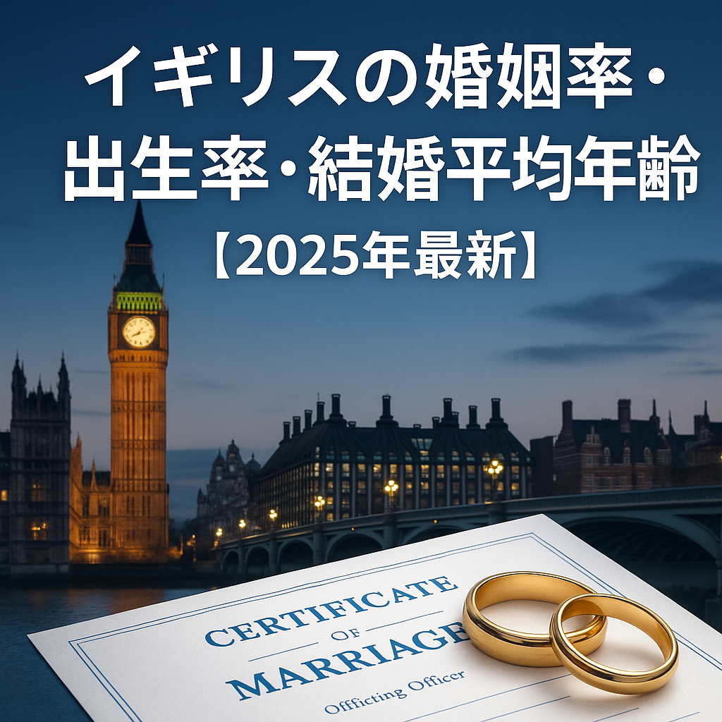 ロンドンの夜景と結婚指輪、婚姻証明書を背景にしたイギリスの婚姻率・出生率・結婚平均年齢【2025年最新】を示すアイキャッチ画像