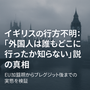 ロンドンの霧に包まれたビッグベンと国会議事堂の背景に、『イギリスの行方不明:「外国人は誰もどこに行ったか知らない」説の真相』という白文字のタイトルが重ねられたニュース風アイキャッチ画像