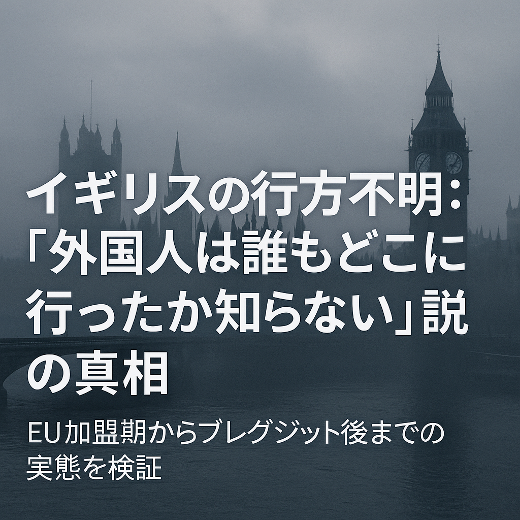 ロンドンの霧に包まれたビッグベンと国会議事堂の背景に、『イギリスの行方不明：「外国人は誰もどこに行ったか知らない」説の真相』という白文字のタイトルが重ねられたニュース風アイキャッチ画像