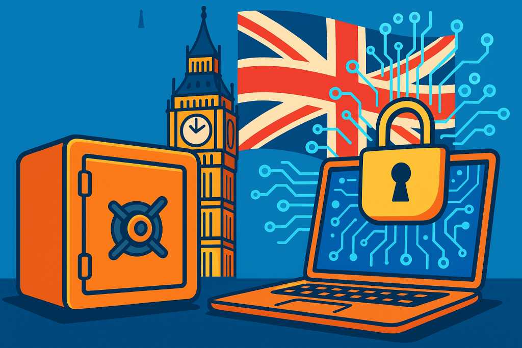 イギリスのビッグベンとユニオンジャックを背景に、金庫とノートパソコンが対比されたポップなサイバー犯罪イラスト