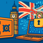 イギリスのビッグベンとユニオンジャックを背景に、金庫とノートパソコンが対比されたポップなサイバー犯罪イラスト