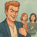 イギリスで出会った自己愛的で勘違いの強い男性を象徴的に描いたイラスト。心理分析や人間関係のテーマを表現している。