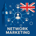 イギリスの国旗を背景に、人々がネットワークでつながるシンプルなMLMビジネスのイラスト