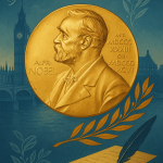 ロンドンのビッグ・ベンとテムズ川を背景に、ノーベル賞メダルが輝くデジタルイラスト。イギリスの科学者・作家・経済学者など、多くのノーベル賞受賞者を象徴している。