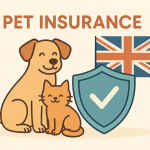 イギリスのペット保険をイメージしたイラスト。笑顔の犬と猫、ユニオンジャックの旗、チェックマーク付きの保険シールドが描かれている。