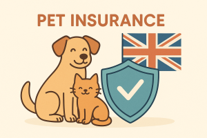 イギリスのペット保険をイメージしたイラスト。笑顔の犬と猫、ユニオンジャックの旗、チェックマーク付きの保険シールドが描かれている。