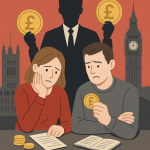 増税で苦しむイギリスの市民と、背後で富を握る政治家を描いたイラスト。ビッグベンを背景に、国民の経済的負担と政治の対比を表現。