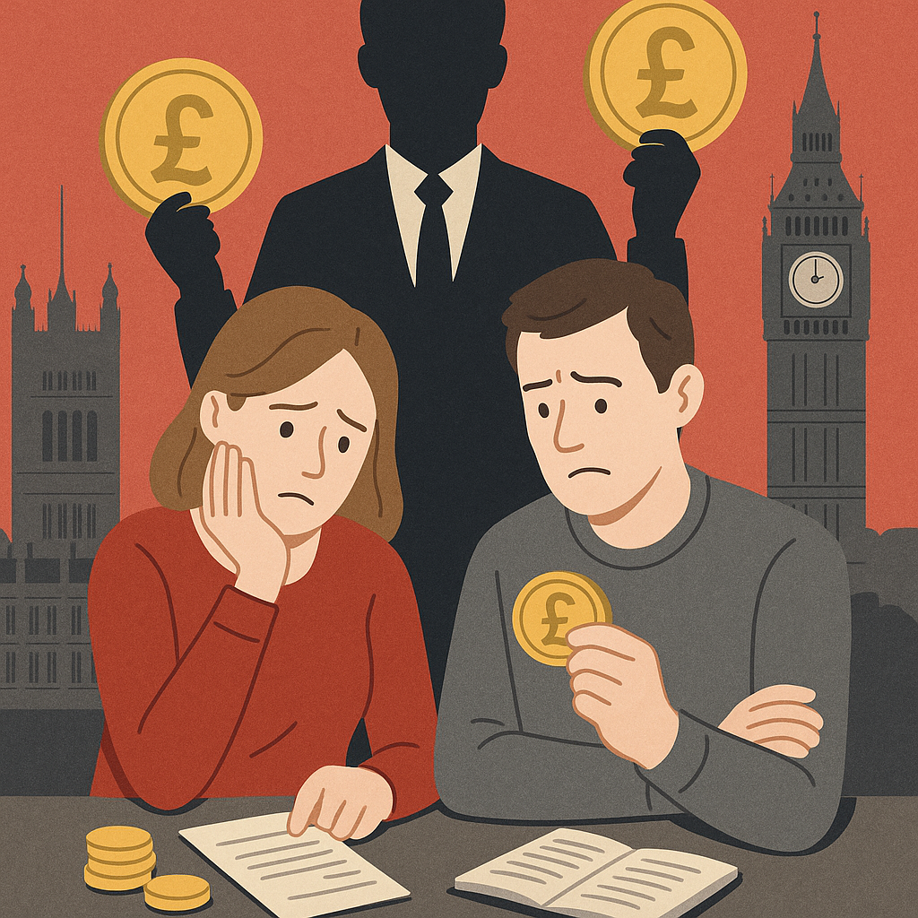 増税で苦しむイギリスの市民と、背後で富を握る政治家を描いたイラスト。ビッグベンを背景に、国民の経済的負担と政治の対比を表現。