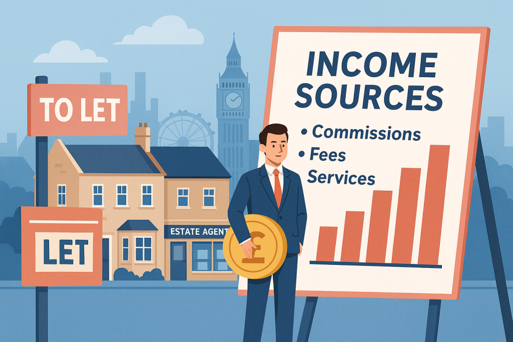 イギリスの不動産会社の利益構造を示すイラスト。ロンドンの街並みにあるエステートエージェントの前で、利益グラフとポンド硬貨を持つ男性が描かれている。