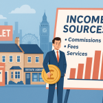 イギリスの不動産会社の利益構造を示すイラスト。ロンドンの街並みにあるエステートエージェントの前で、利益グラフとポンド硬貨を持つ男性が描かれている。