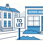 イギリスの不動産仲介をイメージしたイラスト。ロンドンの街並みと「TO LET（賃貸）」サイン、エステートエージェントの店舗が描かれている。