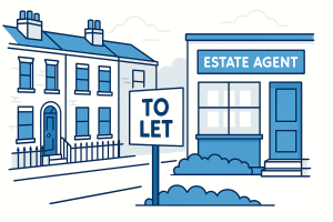 イギリスの不動産仲介をイメージしたイラスト。ロンドンの街並みと「TO LET(賃貸)」サイン、エステートエージェントの店舗が描かれている。