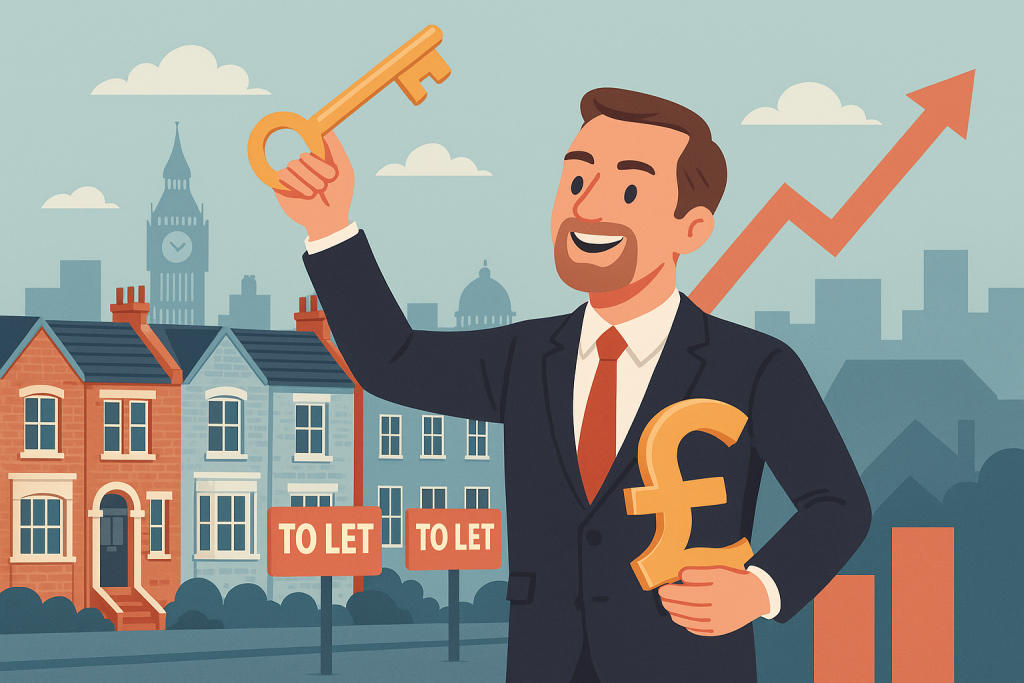 イギリス賃貸市場を象徴するイラスト。自信満々な家主が鍵とポンド記号を掲げ、背景にロンドンの住宅街と「To Let」サインが並ぶ。