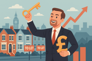 イギリス賃貸市場を象徴するイラスト。自信満々な家主が鍵とポンド記号を掲げ、背景にロンドンの住宅街と「To Let」サインが並ぶ。