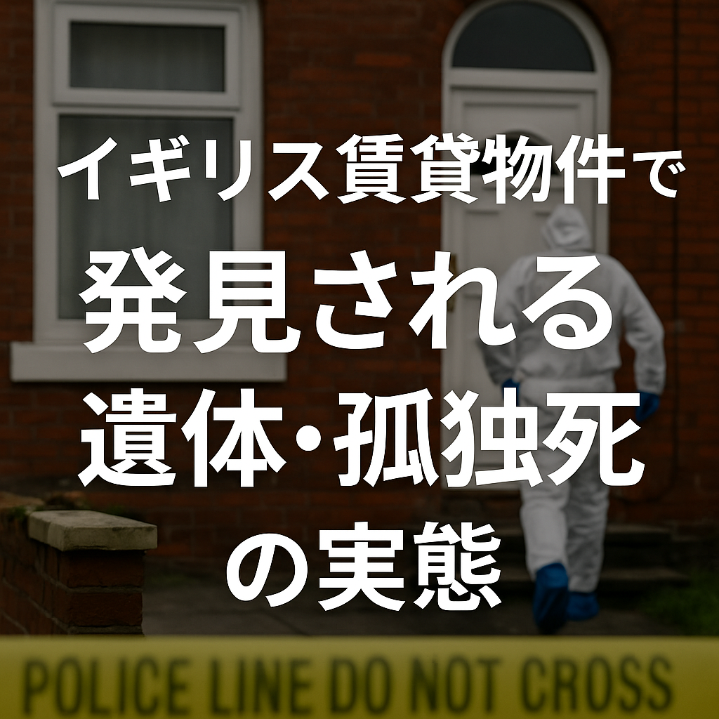 イギリスの賃貸物件で遺体が発見された場面を象徴するイラスト。ロンドンのレンガ造り住宅前に警察ラインが張られ、調査員が建物に向かう。