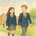 イギリスの学校の前を制服姿の男女学生が歩く水彩風イラスト｜学校選びガイド2025年版