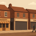 イギリスの伝統的な商店街が時代とともに消えつつある様子を描いたフラットデザインのイラスト。古いレンガ造りの建物と閉店した店が並ぶ英国のハイストリートを表現。