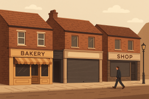 イギリスの伝統的な商店街が時代とともに消えつつある様子を描いたフラットデザインのイラスト。古いレンガ造りの建物と閉店した店が並ぶ英国のハイストリートを表現。