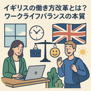 イギリスの働き方改革を象徴するイラスト。ノートパソコンで働く女性と、笑顔で手を振る男性、バランススケールとイギリス国旗が描かれ、ワークライフバランスを表現している。