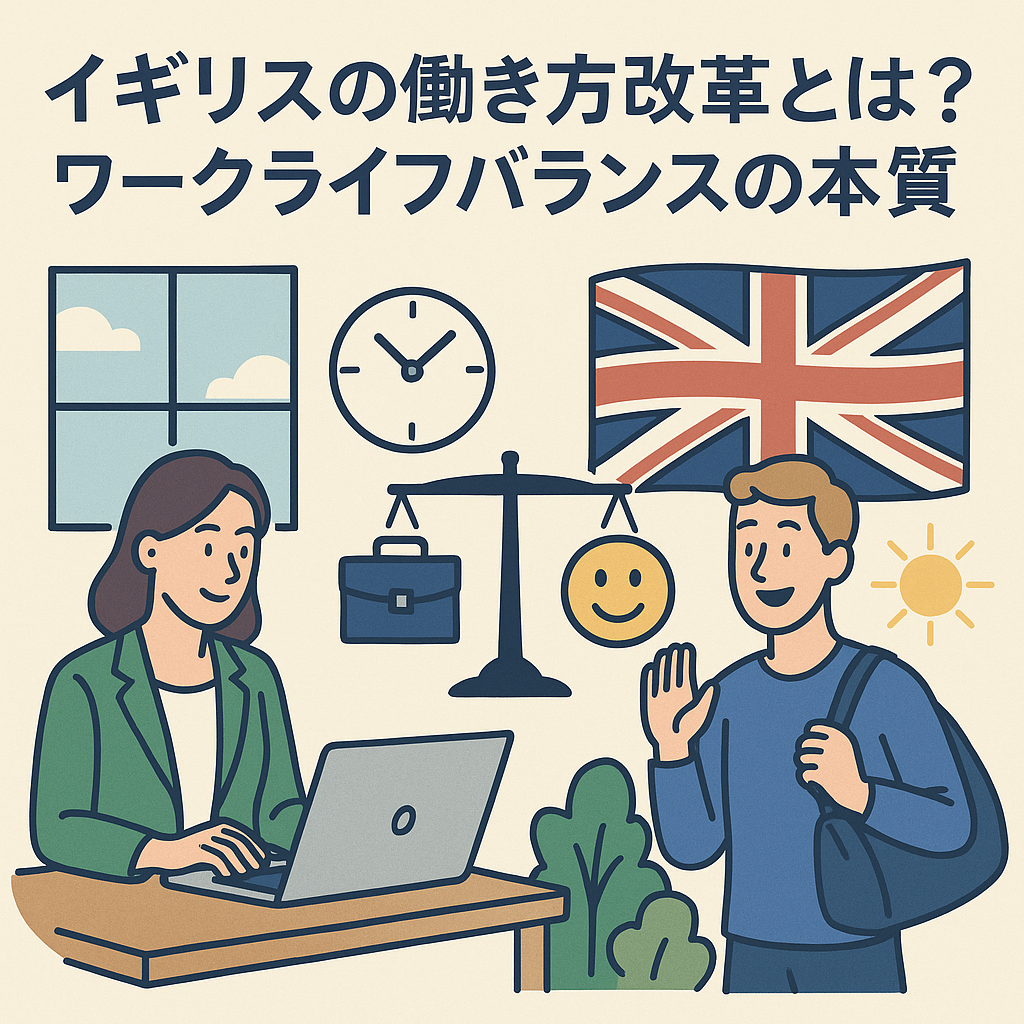 イギリスの働き方改革を象徴するイラスト。ノートパソコンで働く女性と、笑顔で手を振る男性、バランススケールとイギリス国旗が描かれ、ワークライフバランスを表現している。