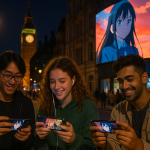 ロンドンの夜の街でスマートフォンでアニメを視聴する若者たち。背景にはビッグベンと大型スクリーンに映るアニメ映像が輝く。