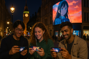 ロンドンの夜の街でスマートフォンでアニメを視聴する若者たち。背景にはビッグベンと大型スクリーンに映るアニメ映像が輝く。