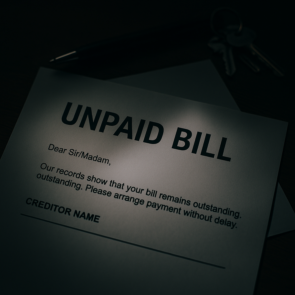 暗い照明の中で“UNPAID BILL（未払い請求書）”と書かれた手紙が机に置かれている。傍らにはペンと鍵があり、返済不能の不安を象徴する不穏な雰囲気が漂っている。