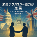 ワシントンとロンドンの都市を背景に、AIチップと半導体を象徴する光が両国をつなぐ報道風イラスト。