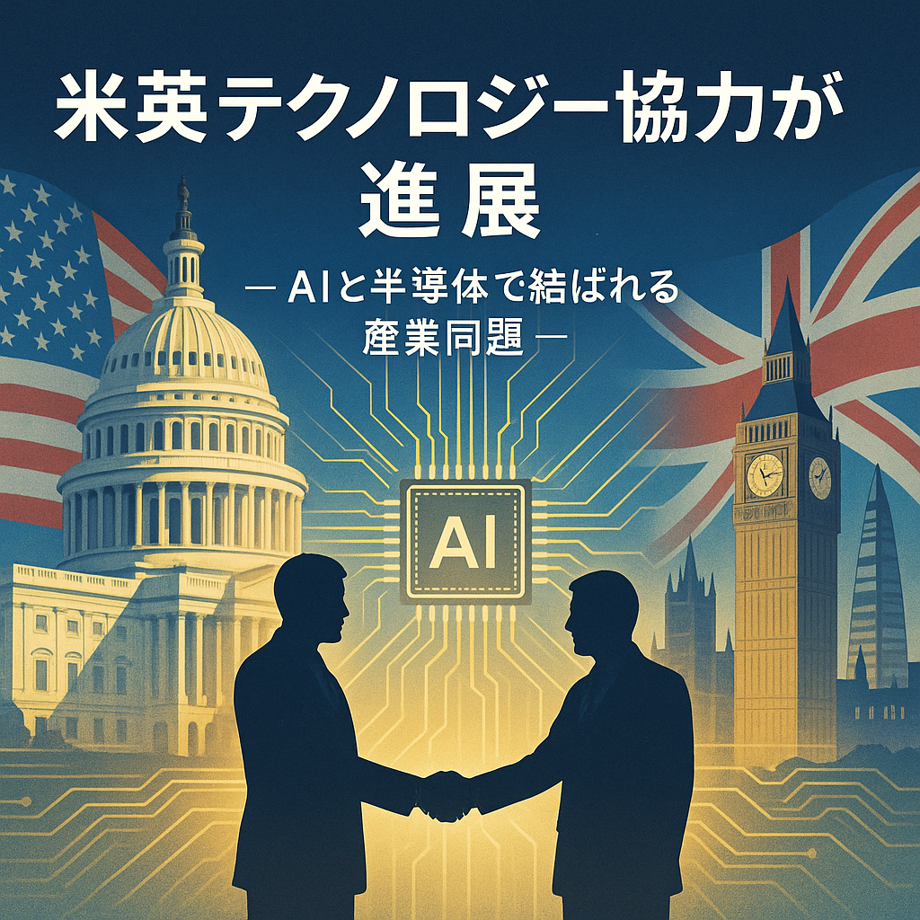 ワシントンとロンドンの都市を背景に、AIチップと半導体を象徴する光が両国をつなぐ報道風イラスト。