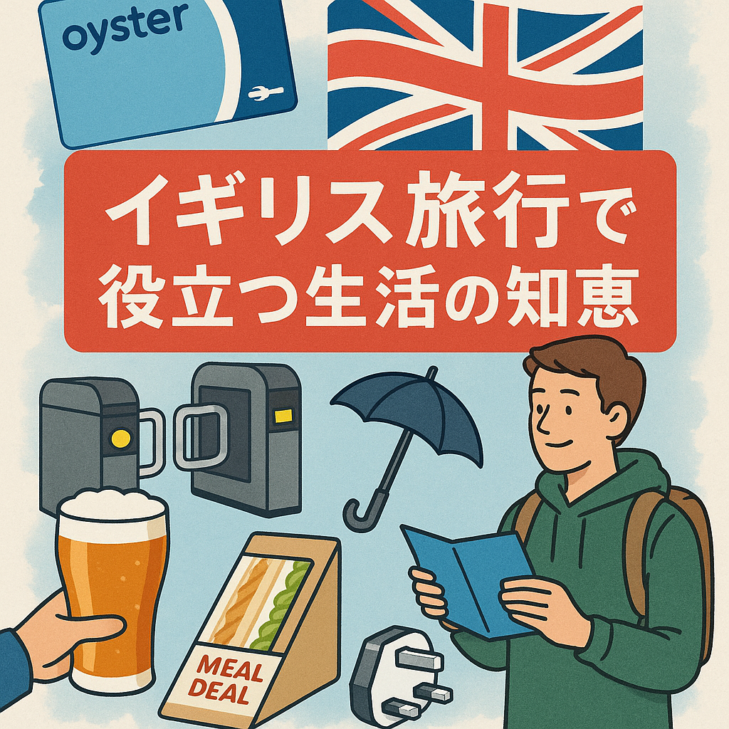 イギリス旅行で役立つ生活の知恵ガイドのアイキャッチ画像。オイスターカード、ユニオンジャック、地下鉄改札、折りたたみ傘、パイントビール、Meal Dealサンドイッチ、英国の3ピンプラグ、地図を持つ旅行者が描かれたイラスト