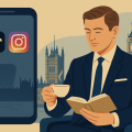 SNSを無視して本を読むスーツ姿のイギリス紳士。ロンドンを背景に、富裕層がSNSに依存しない生き方を象徴するイラスト。